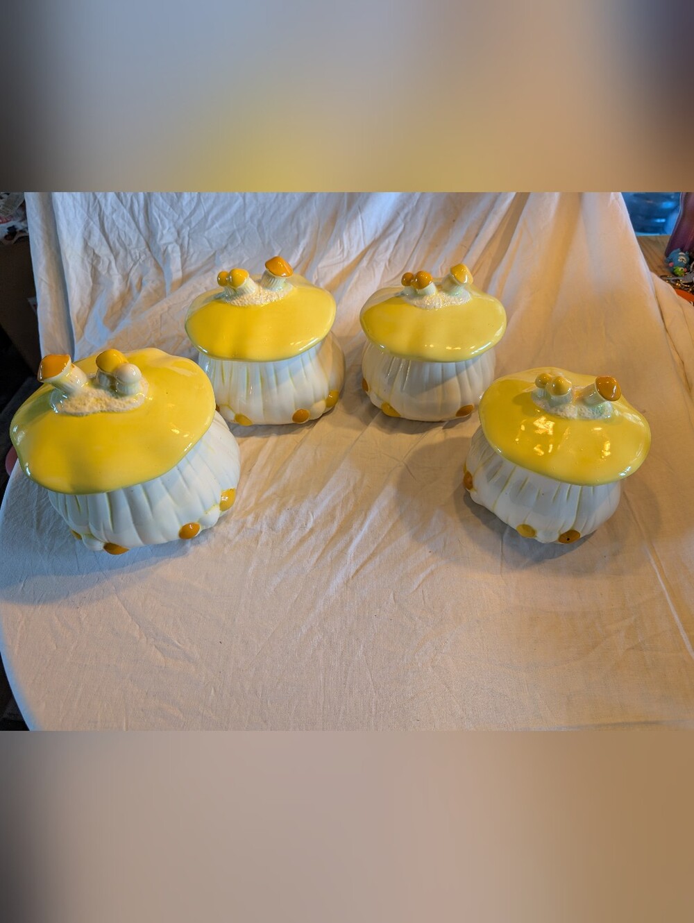 Vintage Yellow and White Ceramic Mushroom Canisters - Set of 4